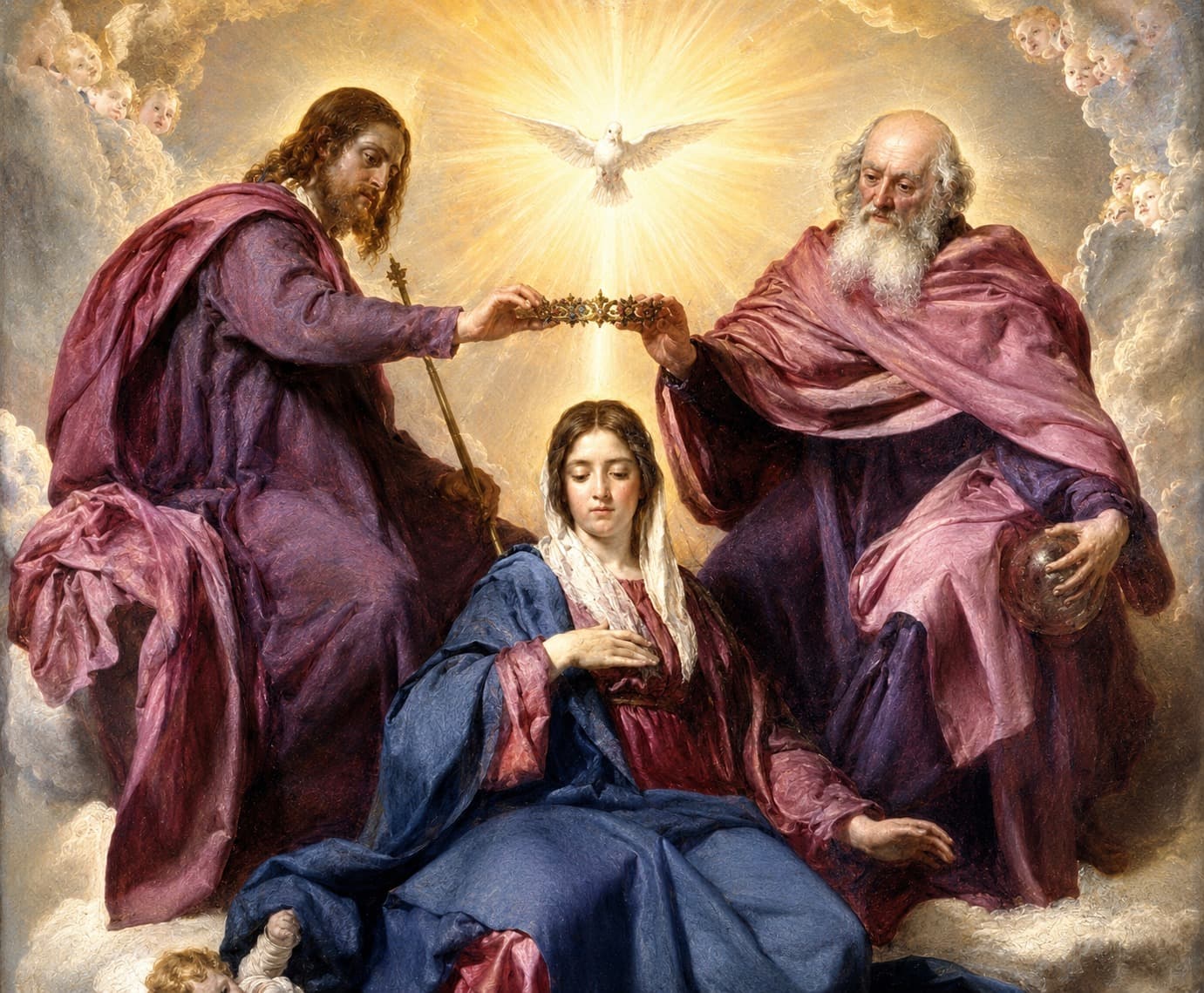 The Coronation of the Virgin by Velázquez — God the Father and Jesus crown Mary while the Holy Spirit descends as a dove