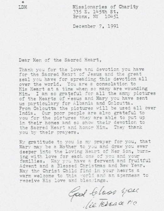 1991 handwritten-signed letter from Mother Teresa of Calcutta thanking The Sacred Hearts ministry for Sacred Heart images sent to Albania and Calcutta