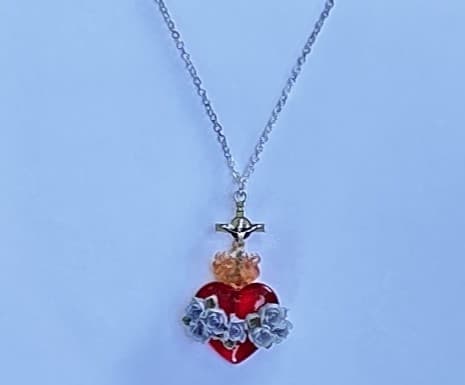 Handcrafted Immaculate Heart of Mary necklace, silver, 16 inch fine chain