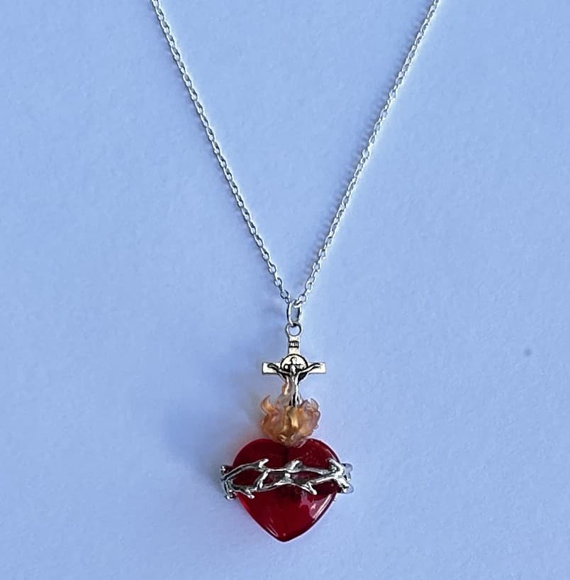 Handcrafted Sacred Heart of Jesus necklace, silver, 18 inch fine chain